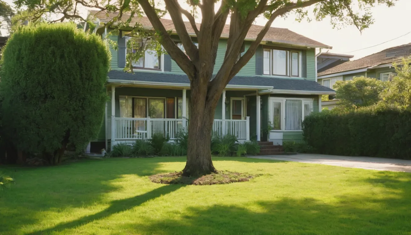 A large backyard tree beside a frame house in Indianapolis city
